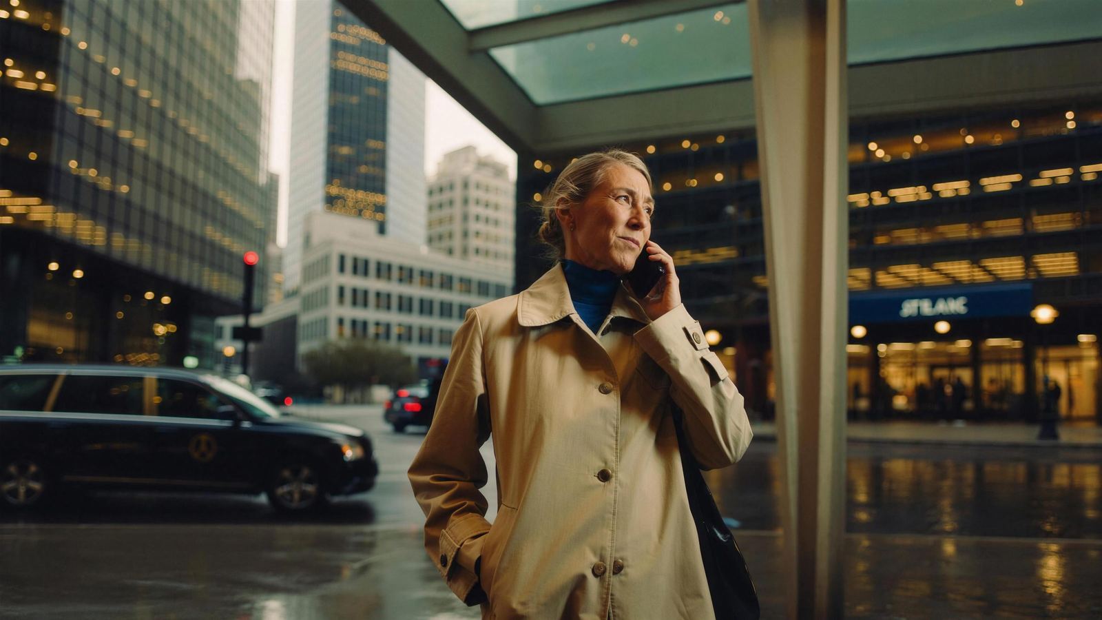A senior executive taking a call under an office canopy on a wet London evening, a black cab passing behind
