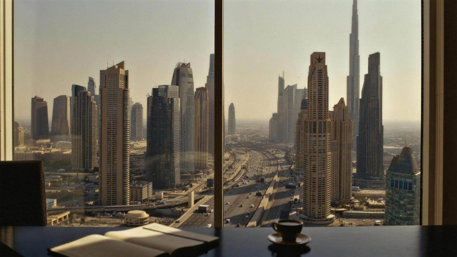 Sheikh Zayed Road's line of towers seen from inside an office, an open notebook on the desk