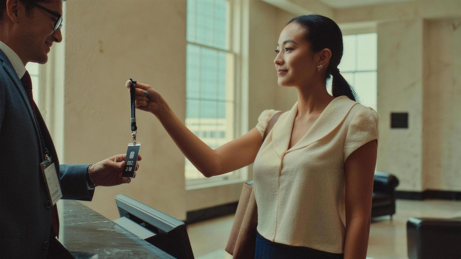 A new employee holding up her first staff badge in a bright marble lobby on day one