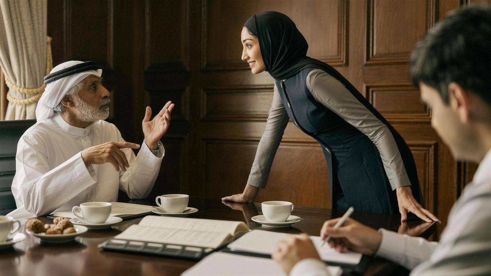 A founder in a white kandura in conversation with his adult daughter and a note-taking specialist in a panelled boardroom