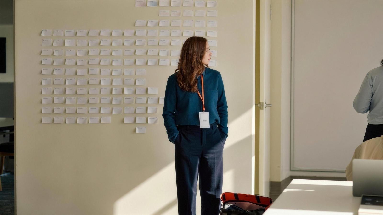 An HR specialist with a visitor lanyard considering a planning wall of role cards at a client office