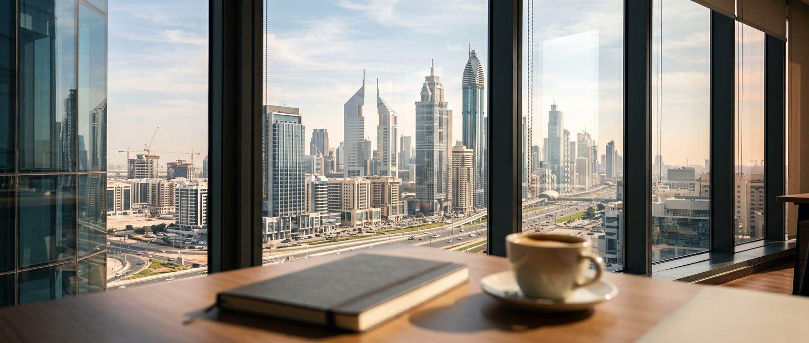 Abu Dhabi business district seen from inside an office, a desk in the foreground
