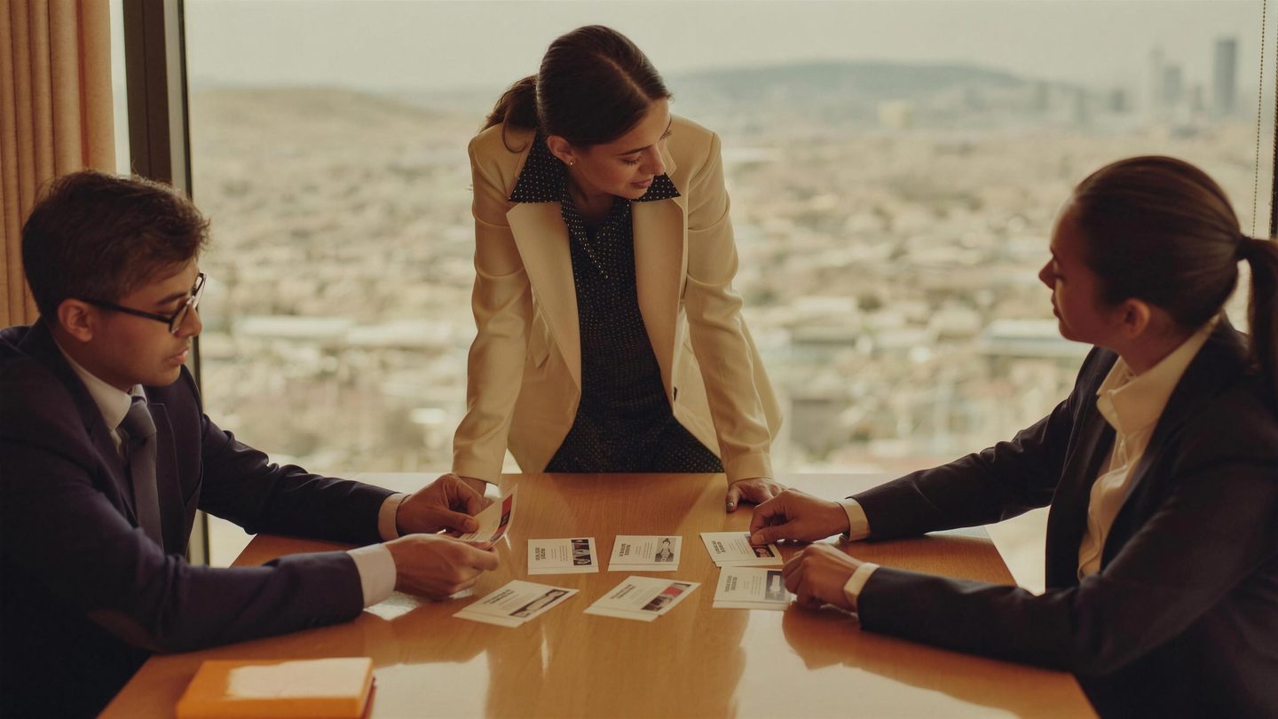 A hiring team reviews candidate profiles around a table.