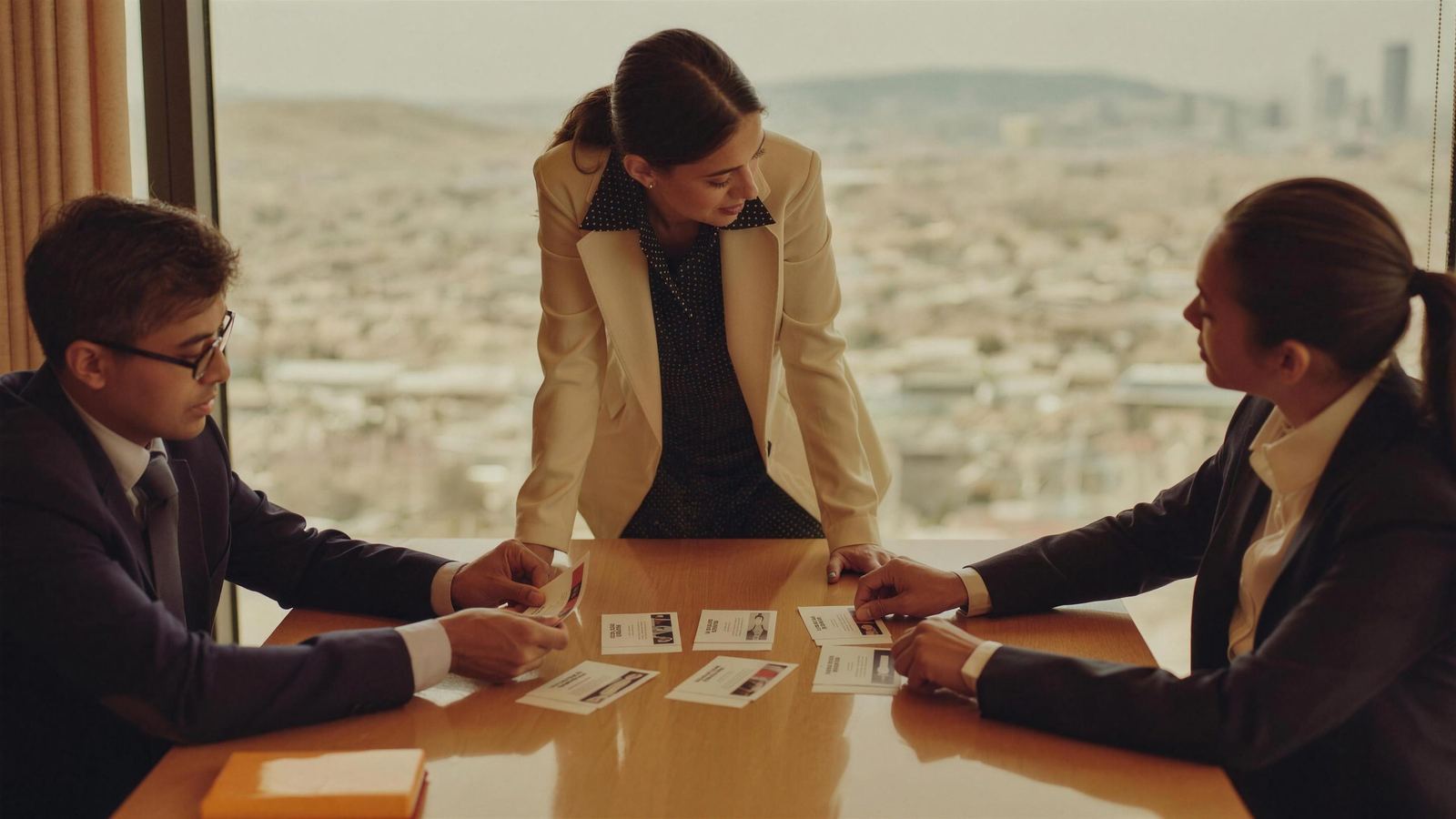 Three recruiters sorting printed candidate cards into two groups across a meeting table, mid-debate