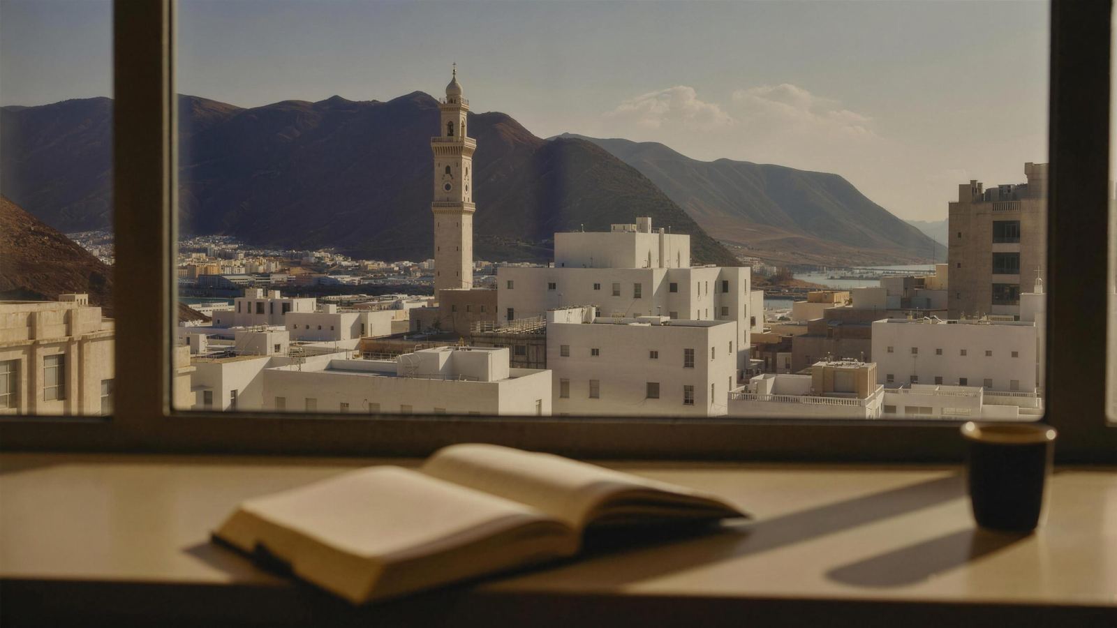 Muscat's white city against the Hajar mountains