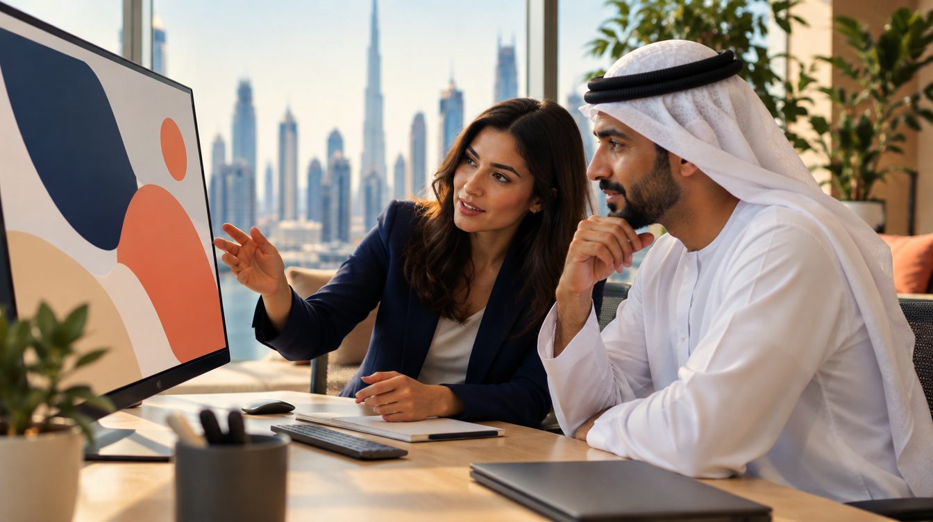A talent-marketing specialist presents campaign ideas to a hiring manager in a Dubai office.