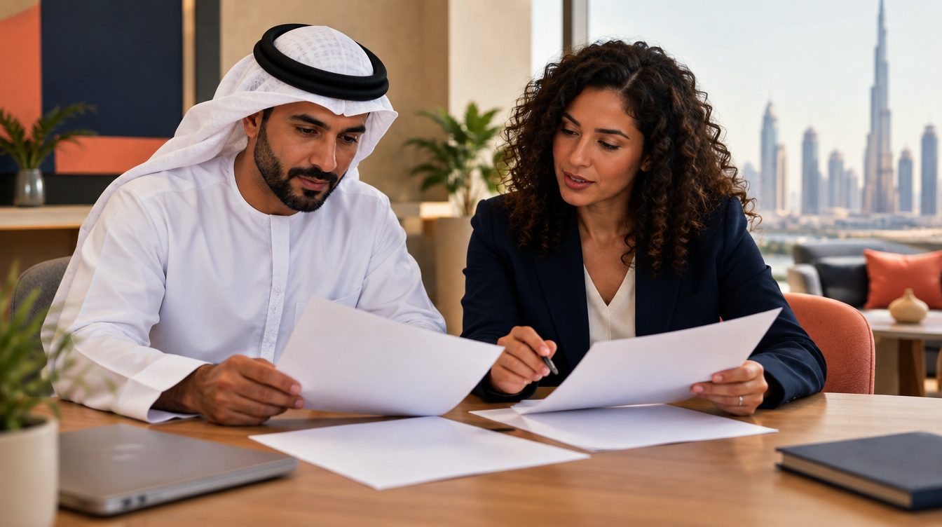 An Emirati hiring manager and an embedded recruiter review a shortlist together.