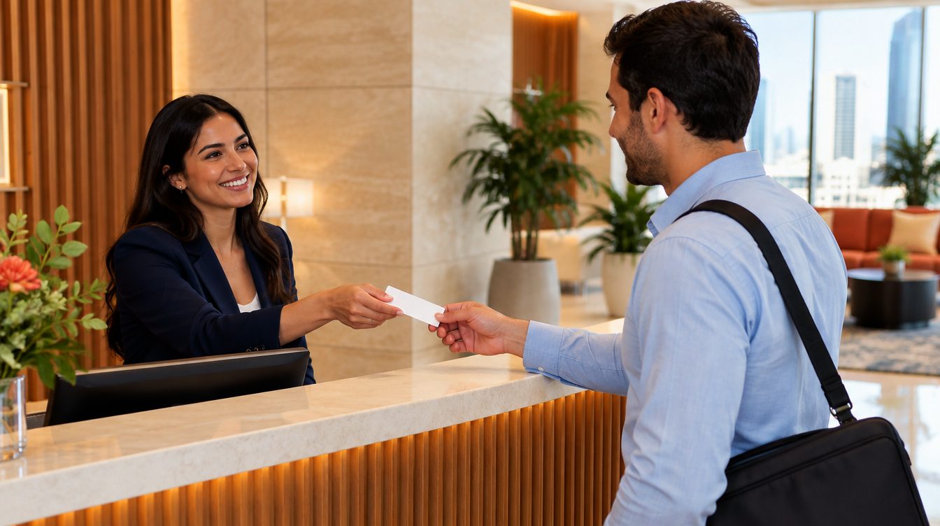 A new employee is welcomed at reception on his first day in a Dubai office.