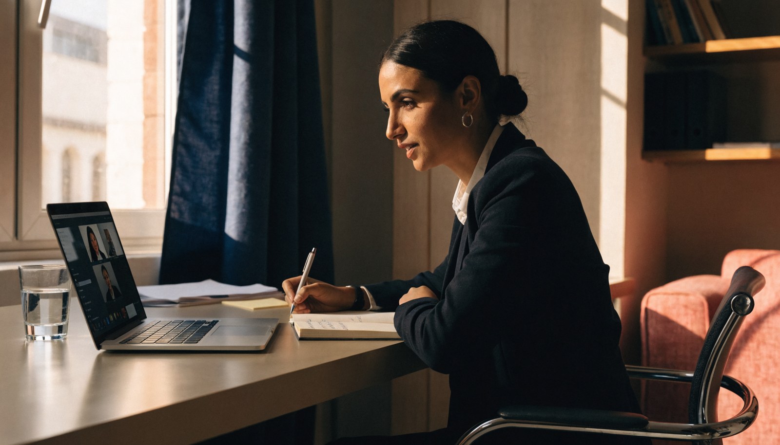 An independent specialist taking notes during a video discussion.