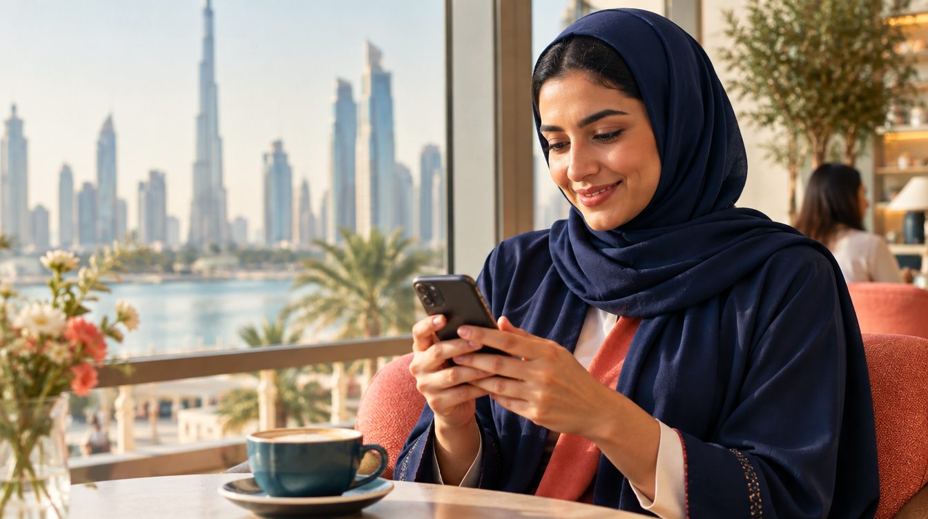 A job seeker smiles as she reads an update on her phone in a Dubai café.
