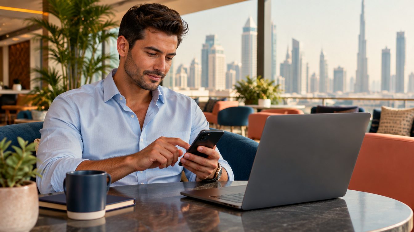 A recruitment specialist updates his availability on his phone in a Dubai co-working lounge.