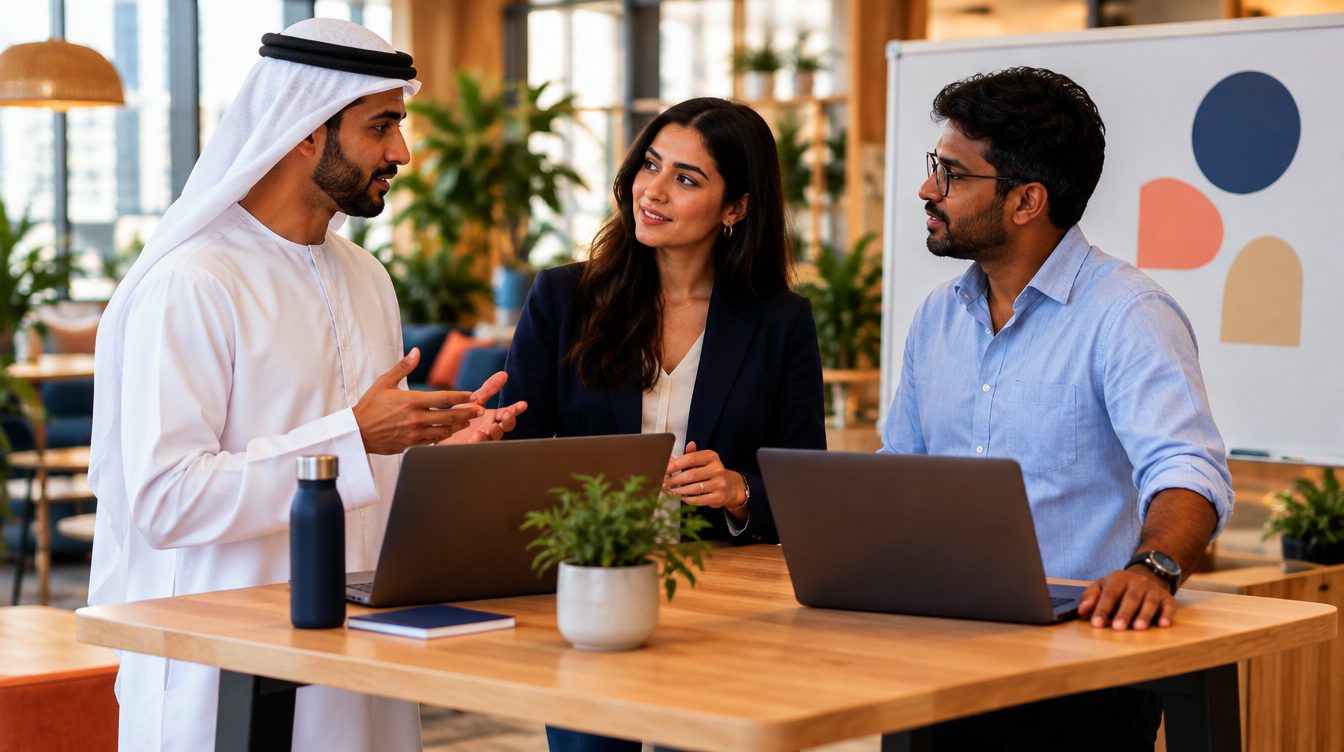 Three startup founders plan their first hires around a table in a co-working space.